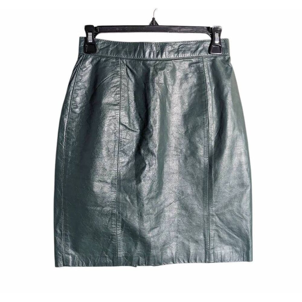 Vintage 80s Hunter Green leather mini skirt Interin women's S 7/8